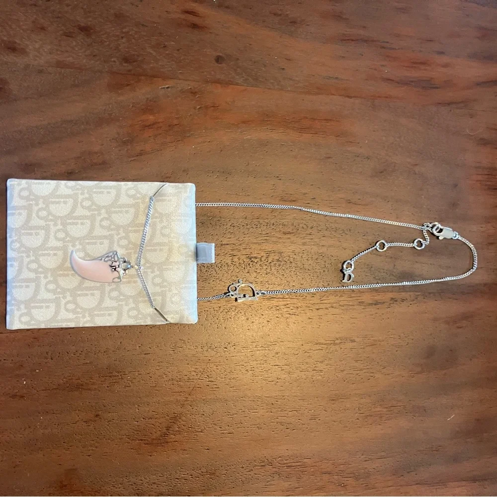 Dior Silver Chain with Pink fang necklace rare nwot - Picture 3 of 9
